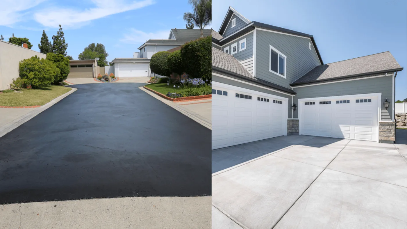 Side-by-side comparison of a black asphalt driveway and a light gray concrete driveway